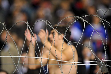 Fans of Partizan Belgrad behind barbed-wire fence in the fan block of the Mercedes Benz Arena, Stuttgart, Baden-Wuerttemberg, Germany, Europe