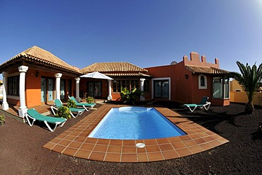 Fish-eye shot, bungalow villa with a swimming pool, Corralejo, Fuerteventura, Canary Islands, Spain, Europe