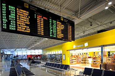 Duty-Free Shop and a departure board in the waiting area at a boarding gate, Fuerteventura Airport, Canary Islands, Germany, Europe