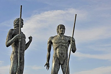 Larger-than-life-sized bronze warrior figures guarding the valley of Vega de Rio de las Palmas beside the road after Betancuria, Fuerteventura, Canary islands, Spain, Europe