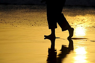 Legs walking along a beach, backlighting, near El Cotillo, Fuerteventura, Canary islands, Spain, Europe