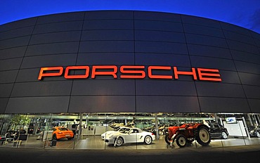 Night shot of Porsche headquarters, Zuffenhausen, Stuttgart, Baden-Wuerttemberg, Germany, Europe