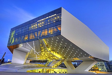 Picture of the Neues Porsche Museum taken at dusk, Zuffenhausen, Stuttgart, Baden-Wuerttemberg, Germany, Europe