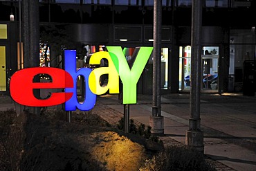 Illuminated ebay logo at night, at the main entrance of the German headquarters in Kleinmachnow near Berlin, Germany, Europe