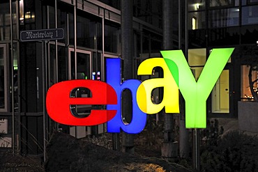 Illuminated ebay logo at night, at the main entrance of the German headquarters in Kleinmachnow near Berlin, Germany, Europe