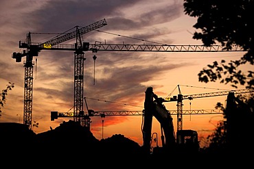 Building cranes on a large building site in Essen, North Rhine-Westphalia, Germany, Europe