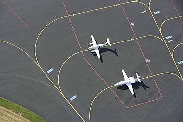 Planes for private and business trips on the apron, parking space of Muenster-Osnabrueck Airport, North Rhine-Westphalia, Germany, Europe