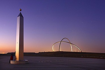 Obelisk and sundial in front of the Horizon Observatory on Hoheward waste dump, Herten, North Rhine-Westphalia, Germany, Europe