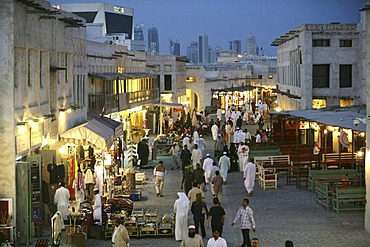 Souq al Waqif in the evening, oldest souq, bazaar in the country, the old part is newly renovated, the newer parts have been reconstructed in a historical style, Doha, Qatar