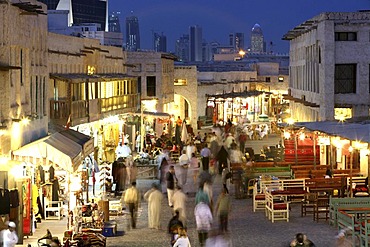 Souq al Waqif in the evening, oldest souq, bazaar in the country, the old part is newly renovated, the newer parts have been reconstructed in a historical style, Doha, Qatar