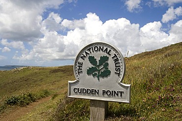 National Trust sign in front of Cudden Point, coast near Perranuthnoe and Porthleven, Cornwall, Great Britain, Europe