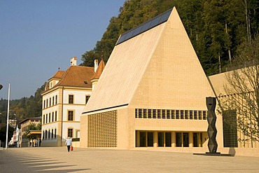 Pedestrian area in front of the Liechtensteiner Landtag, representative assembly, Vaduz, Liechtenstein, Europe