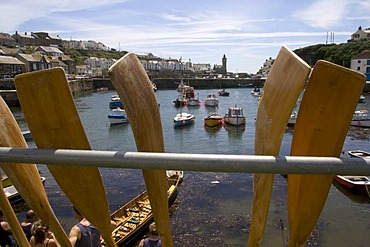 Boat oars in Porthleven Harbour, Cornwall, England, Great Britain, Europe