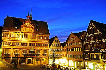 Market square with City Hall and Neptune Fountain, Tuebingen, Baden-Wuerttemberg, Germany, Europe