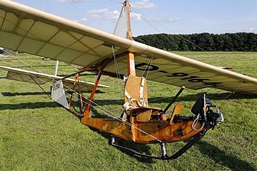 Historic glider SG38, wooden construction with an open seat, glider to train beginners from 1938, Glider Airport, Aero Club Duesseldorf, Nordrhein-Westfalen, Germany, Europe