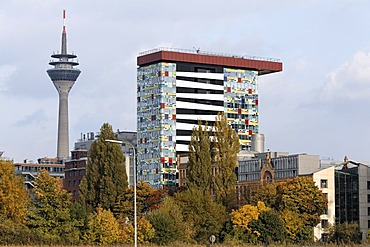 Modern office building Colorium, Rheinturm Tower, Medienhafen, Duesseldorf Harbour, North Rhine-Westphalia, Germany, Europe