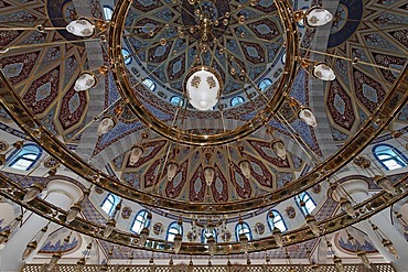 Interior view of the dome of the DITIB-Merkez-Mosque, newly built in the Ottoman style, one of the largest mosques in Germany, Duisburg-Marxloh, Ruhr Area, North Rhine-Westphalia, Germany, Europe