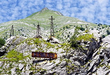 Abandoned marble quarry in the Apennine Mountains, Monte Altissimo, sign of Henraux, a traditional marble company, Carrara, Tuscany, Italy, Europe