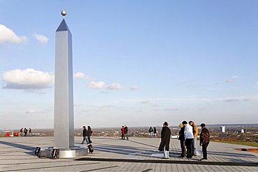 Sundial, people in front of obelisk made of high-grade steel, landmark in the Hoheward waste dump, opening event, Herten, Recklinghausen, Ruhr area, North Rhine-Westphalia, Germany, Europe