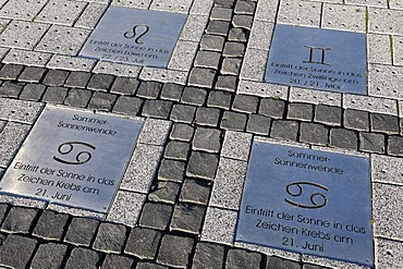 Summer solstice, marks for sundial, metal plates on paved floor, Hoheward waste dump, Herten, Recklinghausen, Ruhr area, North Rhine-Westphalia, Germany, Europe