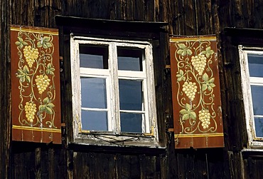 Old wooden window in a historical Faehrgut, window shutter painted with a grape motive, Dresden-Loschwitz, Saxony, Germany, Europe