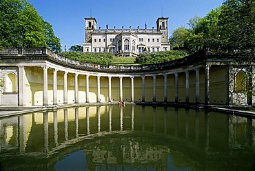 Schloss Albrechtsberg castle, classical columnade with pond, Dresden, Saxony, Germany, Europe