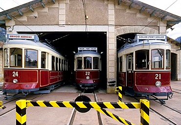 Tram depot in Soller, historical trams, Orange Express, Majorca, Balearic Islands, Spain, Europe