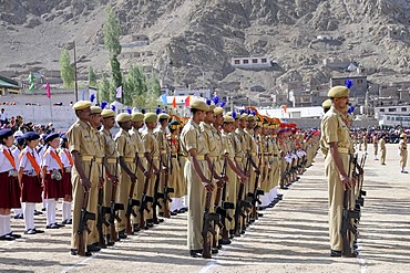 Indian soldiers from the base camp, Kashmir conflict, at a parade on Independance day, 15th September, on a former polo field in Leh, Ladakh, North India, Himalaya, Asia