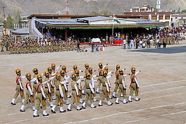 Indian soldiers from the base camp, Kashmir conflict, at a parade on Independance day, 15th September, on a former polo field in Leh, Ladakh, North India, Himalaya, Asia