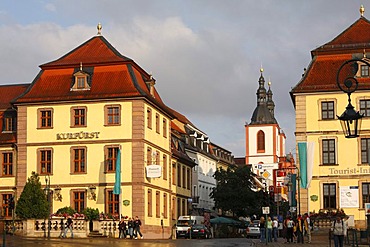 Friedrichstrasse with the town parish church in the centre of Fulda, Rhoen, Hesse, Germany, Europe