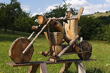 Chopper motorbike, artwork made out of wood, in the woodcarving town of Empfertshausen, Rhoen, Thuringia, Germany, Europe