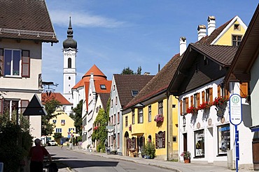 Herrenstrasse with Marienmuenster Cathedral in Diessen on Lake Ammersee, Pfaffenwinkel, Fuenfseenland, Upper Bavaria, Germany, Europe