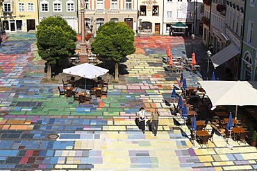 Marienplatz Square in Weilheim, pavement with Kandinsky paintings, Pfaffenwinkel, Upper Bavaria, Germany, Europe