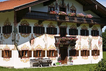 "Jodlbauer", historic farmhouse with Lueftlmalerei, wall-paintings, by Johann Baptist Poeheim, 1786, in Hagnberg, Fischbachau municipality, Upper Bavaria, Bavaria, Germany, Europe