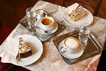 Coffee and cake, Viennese Melange, coffee with frothy milk and Grosser Brauner, cafe au lait, Vienna, Austria, Europe