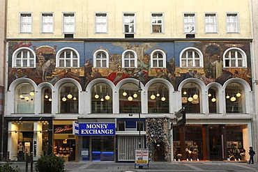 Mosaic on a house facade in Kaerntner Street 16, shopping street in central Vienna, Austria, Europe