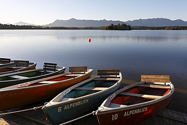 Rowboats in front of restaurant 'Alpenblick', Staffelsee Lake near Uffing, Upper Bavaria, Germany, Europe