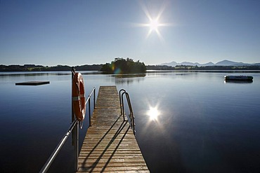 Bathing jetty at Staffelsee Lake near Uffing, Upper Bavaria, Germany, Europe