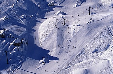 Aerial picture, skiing slopes and ski lifts, ski area at the Sella Pass, Dolomites, Bolzano-Bozen, Italy