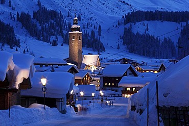 Winter evening in Lech, Vorarlberg, Austria, Europe