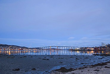 Tromso Bridge, Tromsobrua, and Arctic Ocean Cathedral, Ishavskatedralen, polar night, winter, Tromso, Troms, Norway