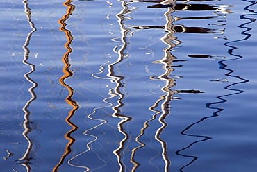 Masts of sailing ships reflected in the water, Duesternbrook yacht harbour, Kiel, Schleswig-Holstein, Germany, Europe