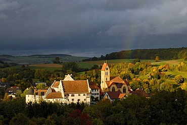 The village of Weil with Blumenfeld Castle and St Nikolaus Church in evening light, Constance administrative district, Baden-Wuerttemberg, Germany, Europe