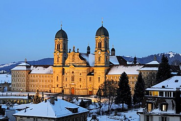 Minster in sunset light, Einsiedeln, Canton of Schwyz, Switzerland, Europe