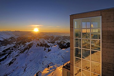 Staircase of the panorama restaurant on the summit of Mt Saentis, Canton of Appenzell Innerrhoden, Switzerland, Europe