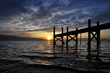 Sunset, jetty at the lakeside of Reichenau Island, district of Konstanz, Baden-Wuerttemberg, Germany, Europe