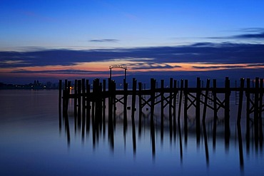 Wharf of Allensbach at Lake Constance after sunset, County of Constance, Baden-Wuerttemberg, Germany, Europe