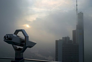 Frankfurt skyline with bank buildings in the fog, Frankfurt, Germany, Europe