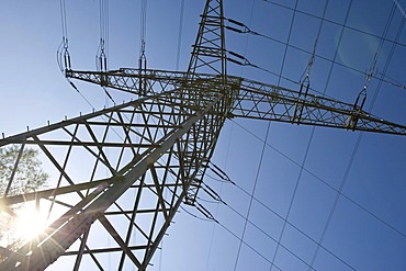 Power pole discharging electricity from the steam plant of company Eon, Grosskrotzenburg, Hesse, Germany, Europe