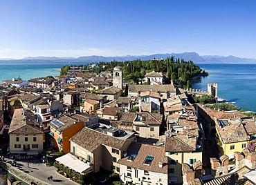 Panoramic view over the historic centre of Sirmione with the Santa Maria Maggiore Church, facing north, Lake Garda at back, Lago di Garda, Lombardy, Italy, Europe